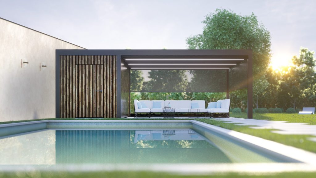 Pérgola bioclimática Brustor B720 05 Pérgola bioclimática Brustor B720 con techo fijo y lamas